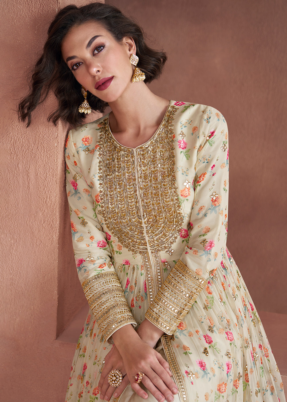 Rice White Floral Printed Georgette Anarkali Suit with Embroidery work