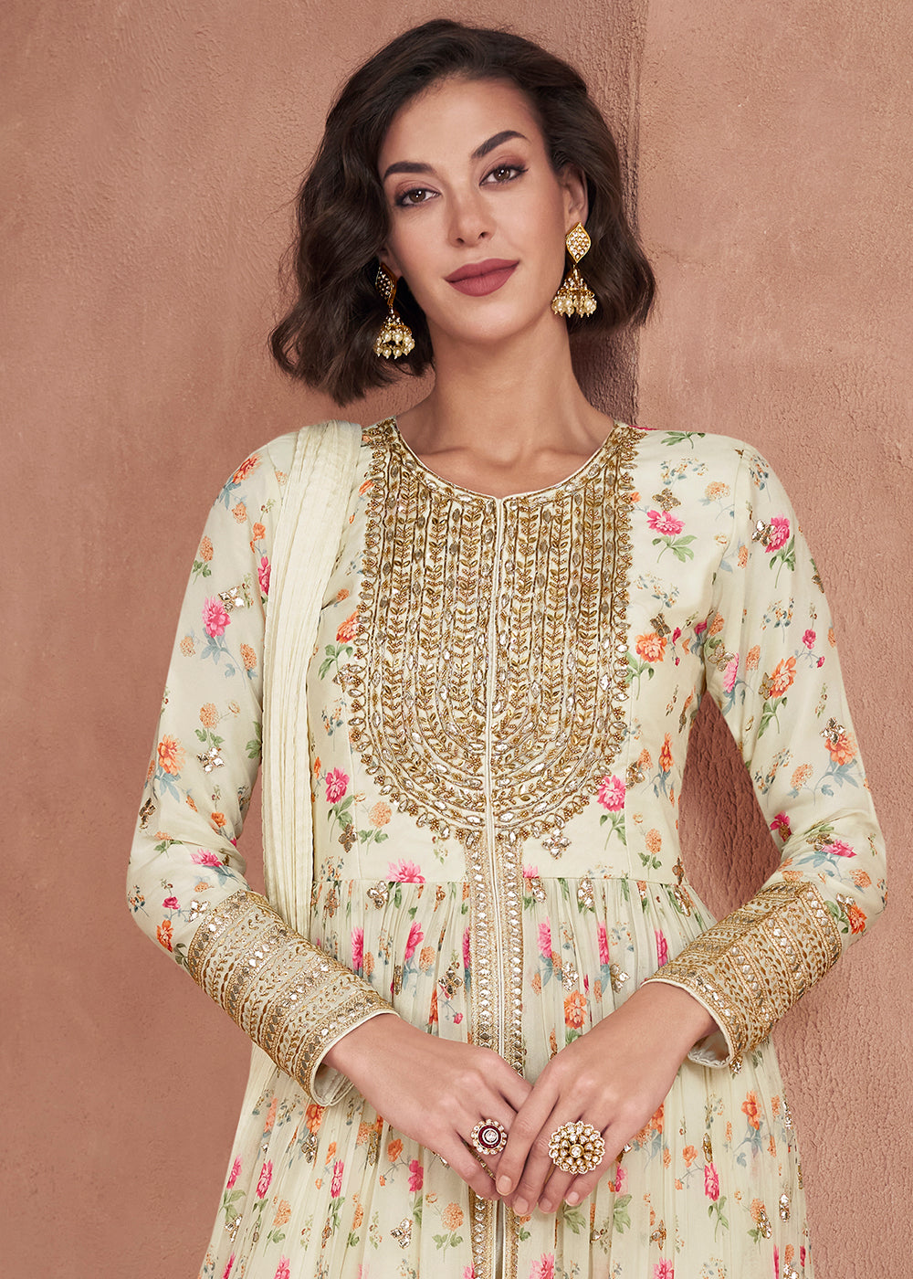 Rice White Floral Printed Georgette Anarkali Suit with Embroidery work