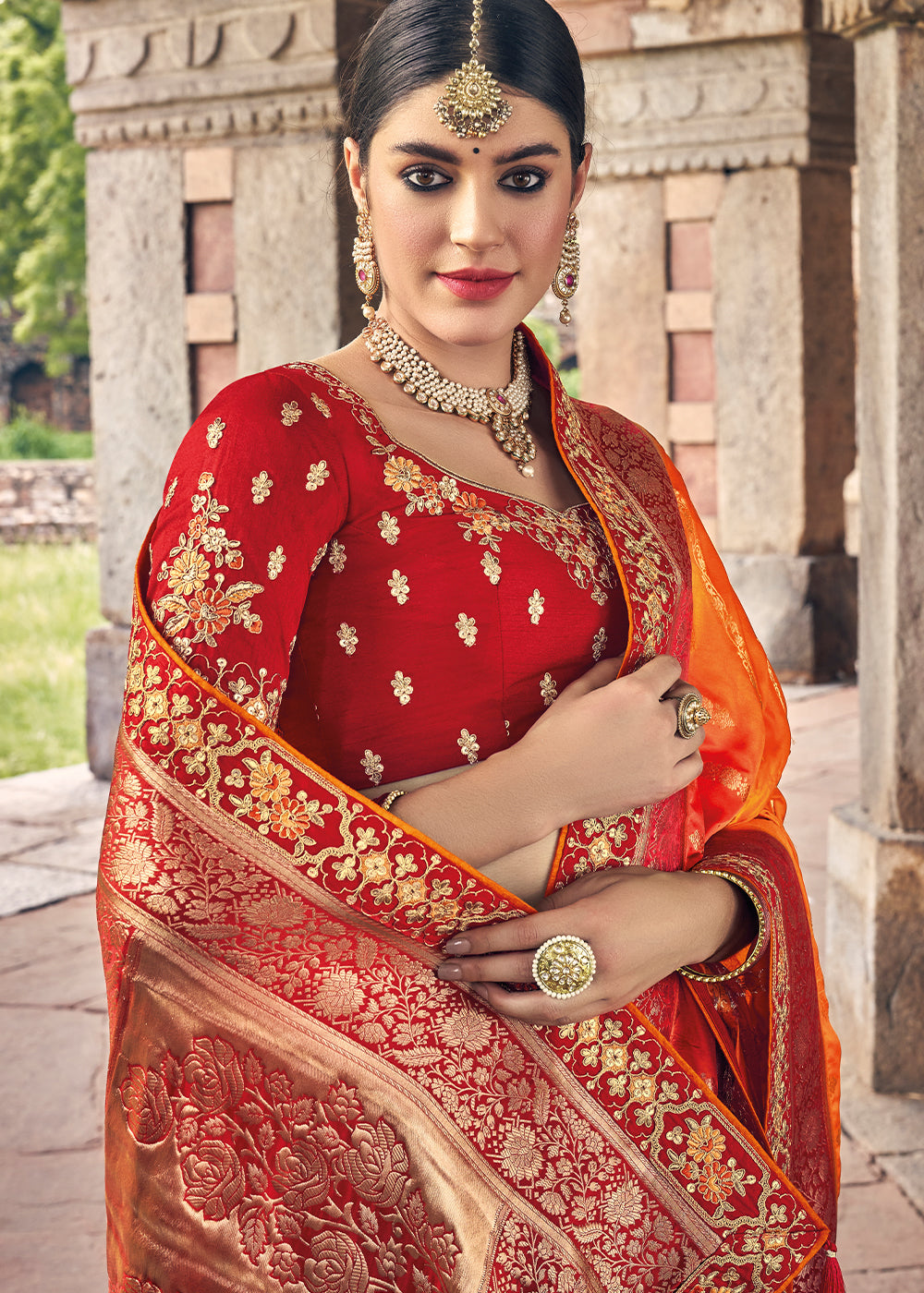 Orange & Red Zari Woven Banarasi Silk Saree with Embroidered Blouse