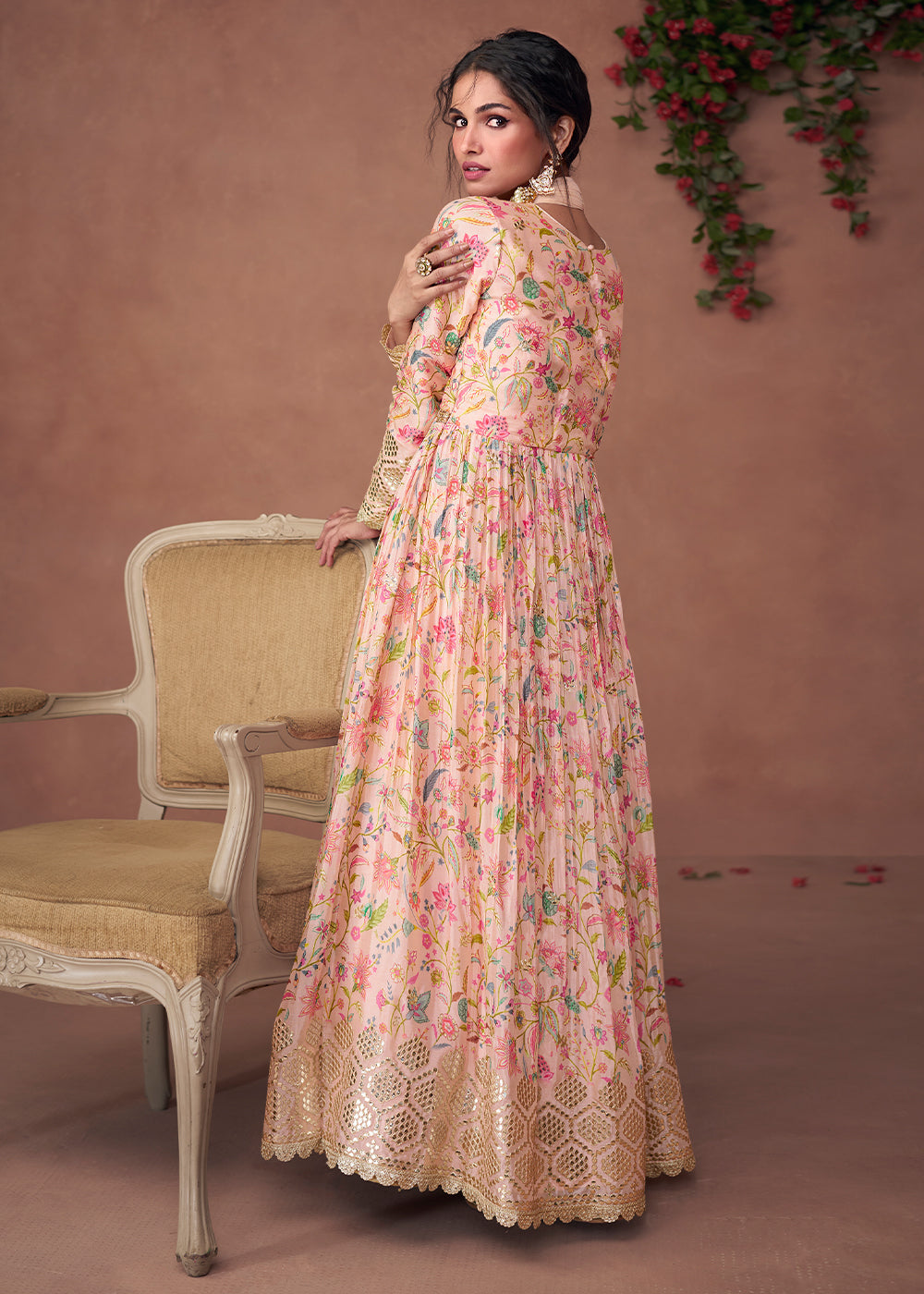 Light Pink Floral Printed Organza Silk Anarkali Suit with Embroidery work(Pre-Order)