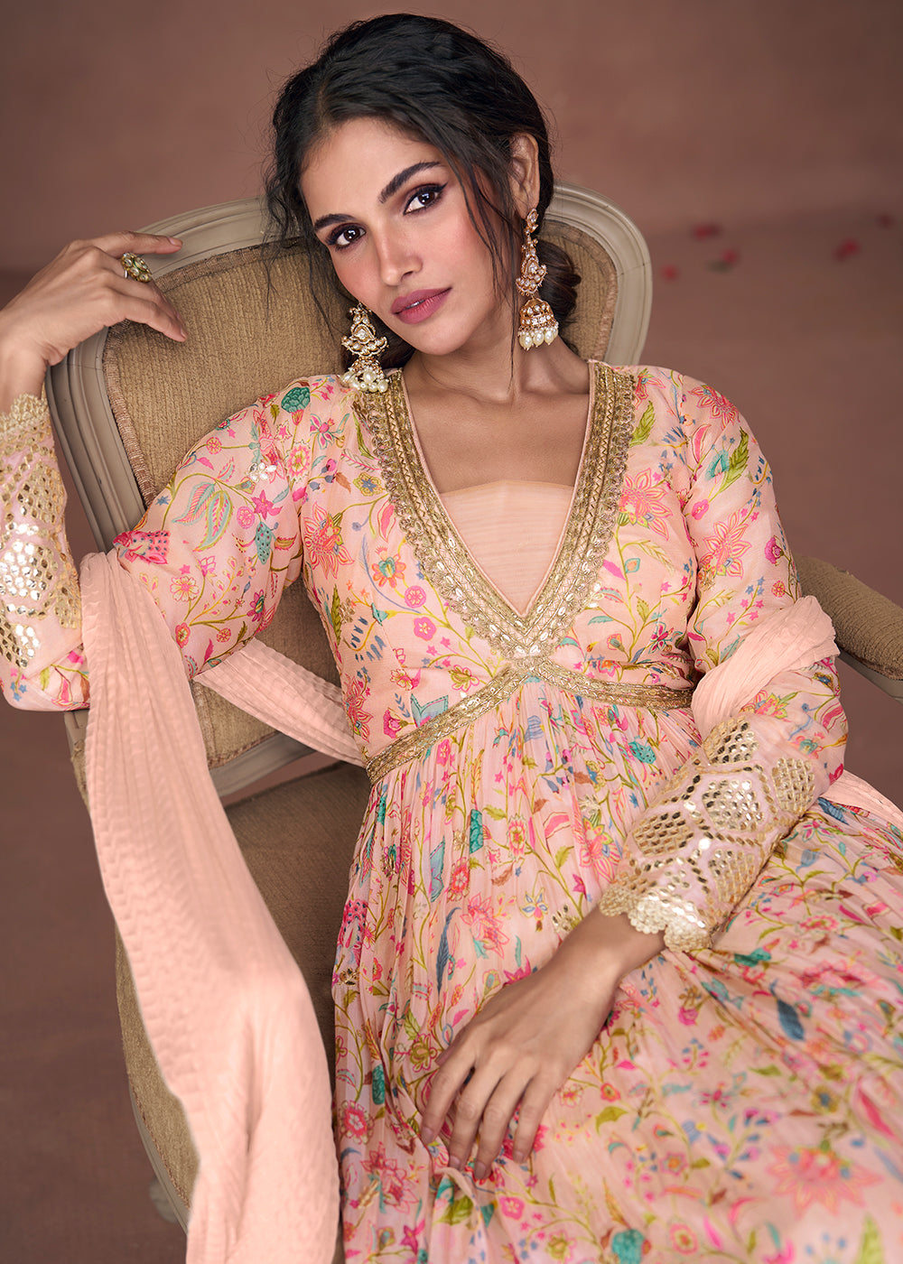 Light Pink Floral Printed Organza Silk Anarkali Suit with Embroidery work(Pre-Order)