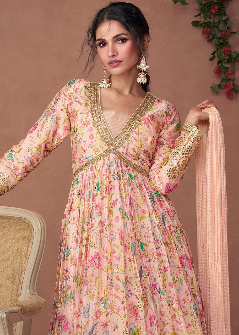 Light Pink Floral Printed Organza Silk Anarkali Suit with Embroidery work(Pre-Order)