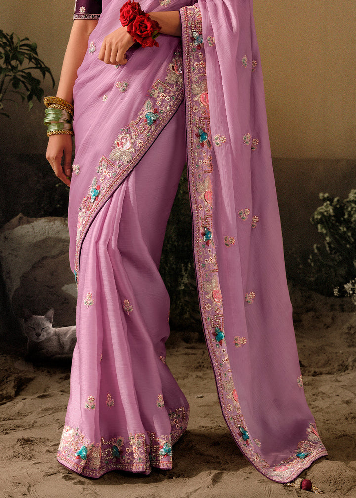 Lavender Purple Dola Silk Saree with Hand Embroidery work