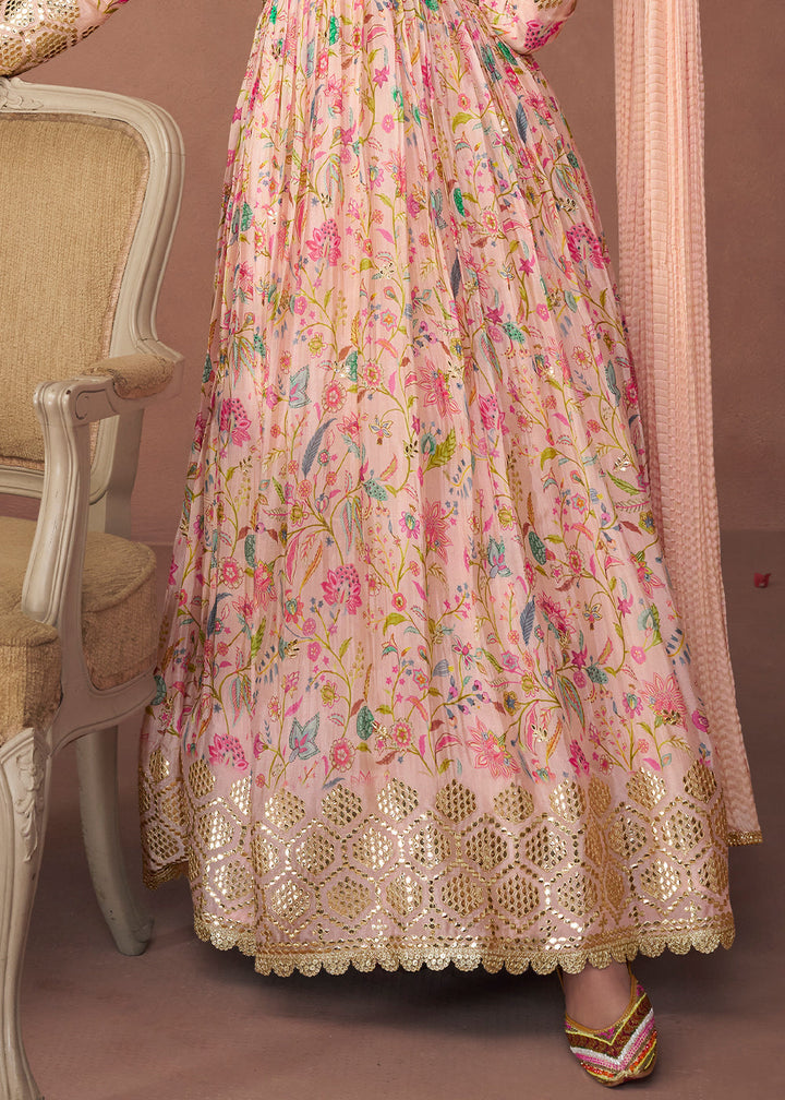 Light Pink Floral Printed Organza Silk Anarkali Suit with Embroidery work(Pre-Order)