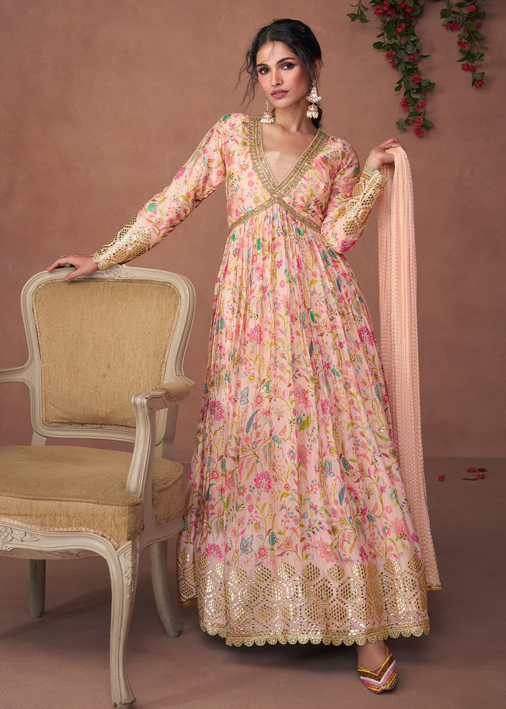 Light Pink Floral Printed Organza Silk Anarkali Suit with Embroidery work(Pre-Order)