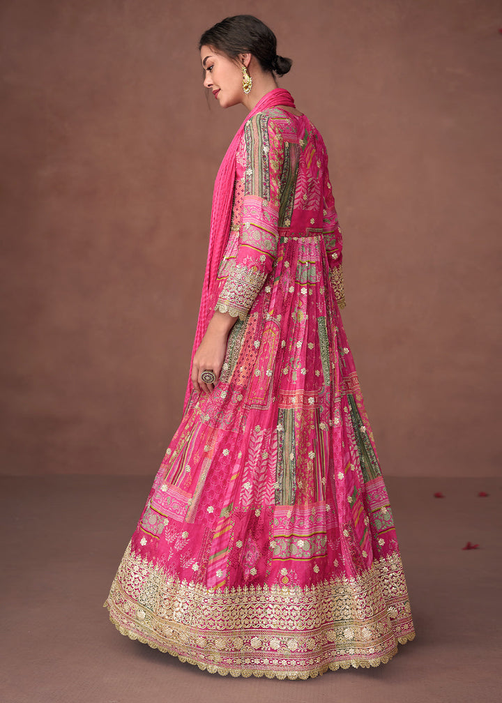 Hot Pink Floral Printed Organza Silk Anarkali Suit with Embroidery work