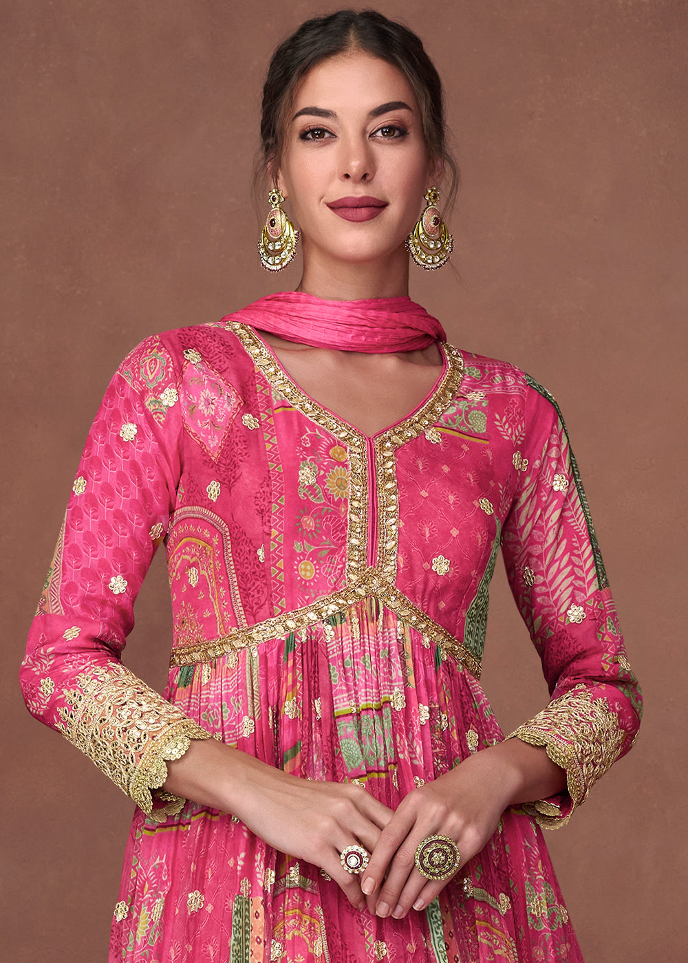 Hot Pink Floral Printed Organza Silk Anarkali Suit with Embroidery work