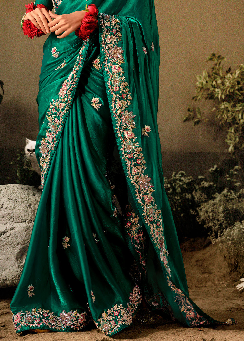 Dark Greasy Green Dola Silk Saree with Hand Embroidery work