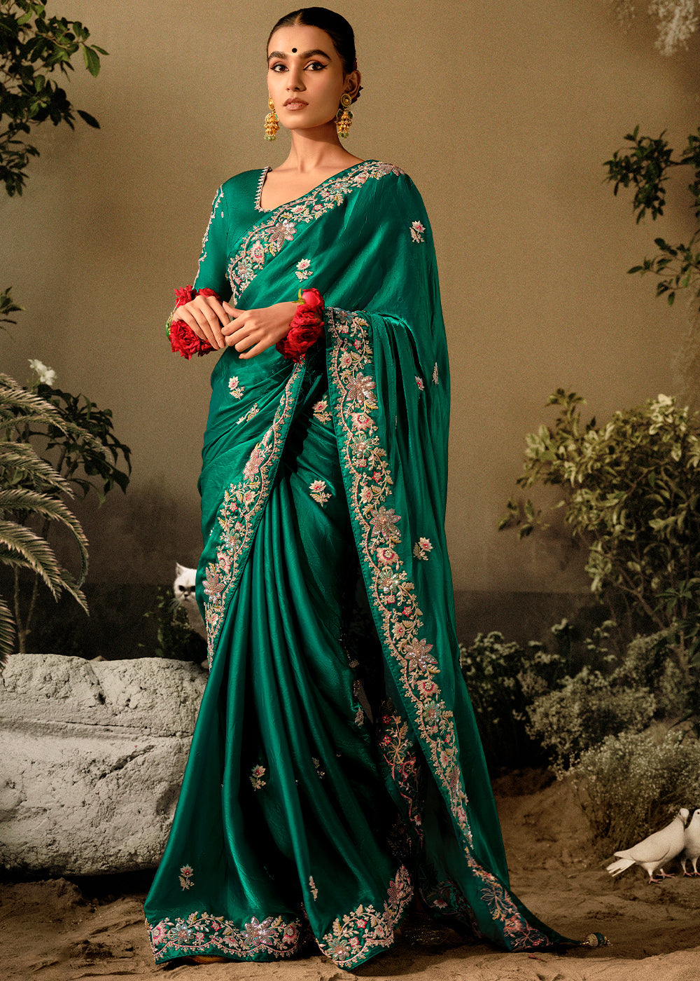 Dark Greasy Green Dola Silk Saree with Hand Embroidery work