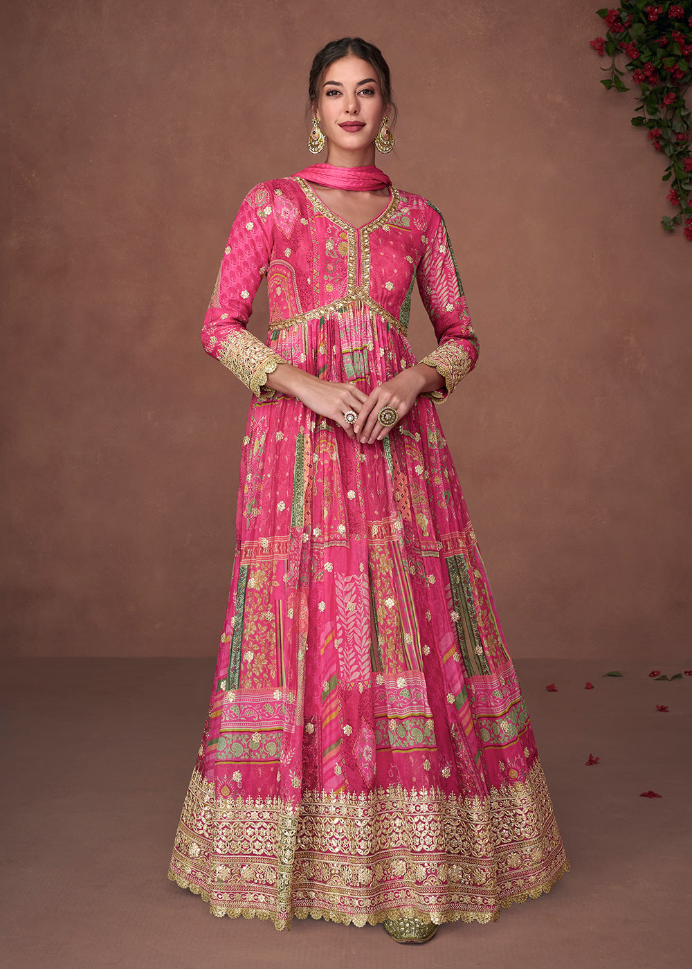 Hot Pink Floral Printed Organza Silk Anarkali Suit with Embroidery work