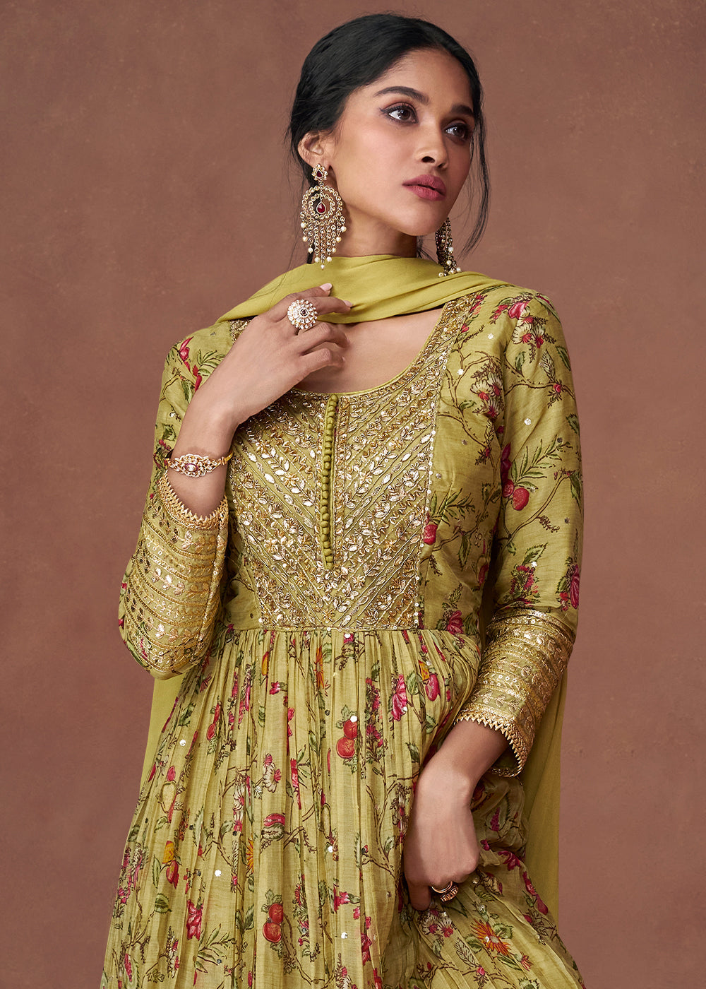 Mehendi Green Floral Printed Organza Silk Anarkali Suit with Embroidery work(Pre-Order)