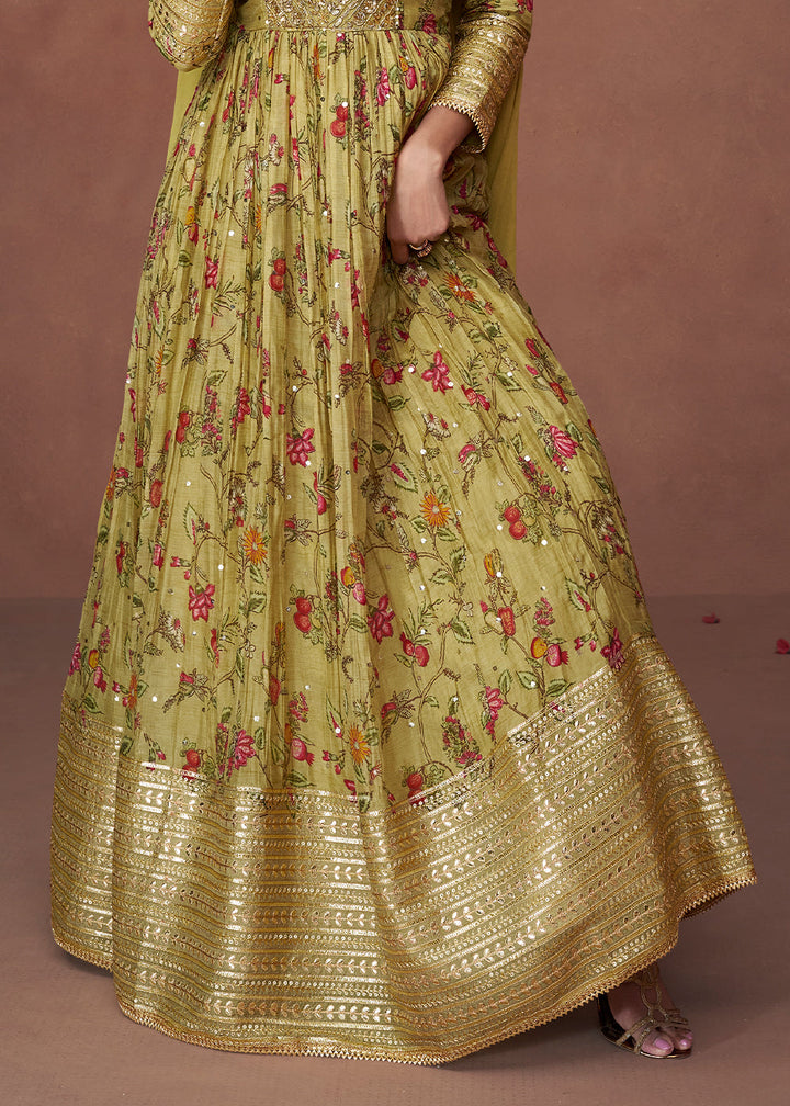 Mehendi Green Floral Printed Organza Silk Anarkali Suit with Embroidery work(Pre-Order)