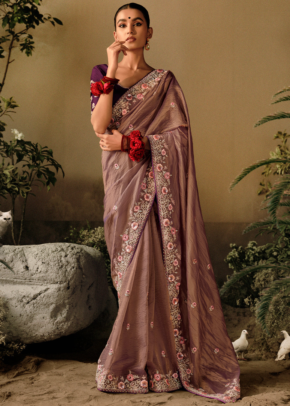 Tortilla Brown Dola Silk Saree with Hand Embroidery work