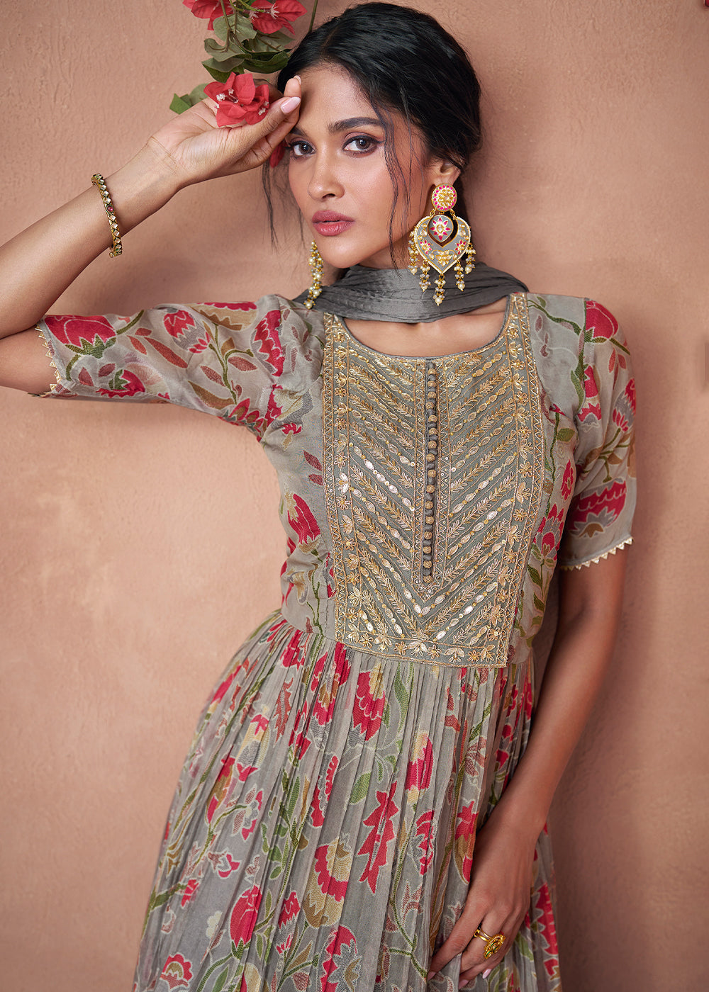 Shades Of Grey Floral Printed Organza Silk Anarkali Suit with Embroidery work