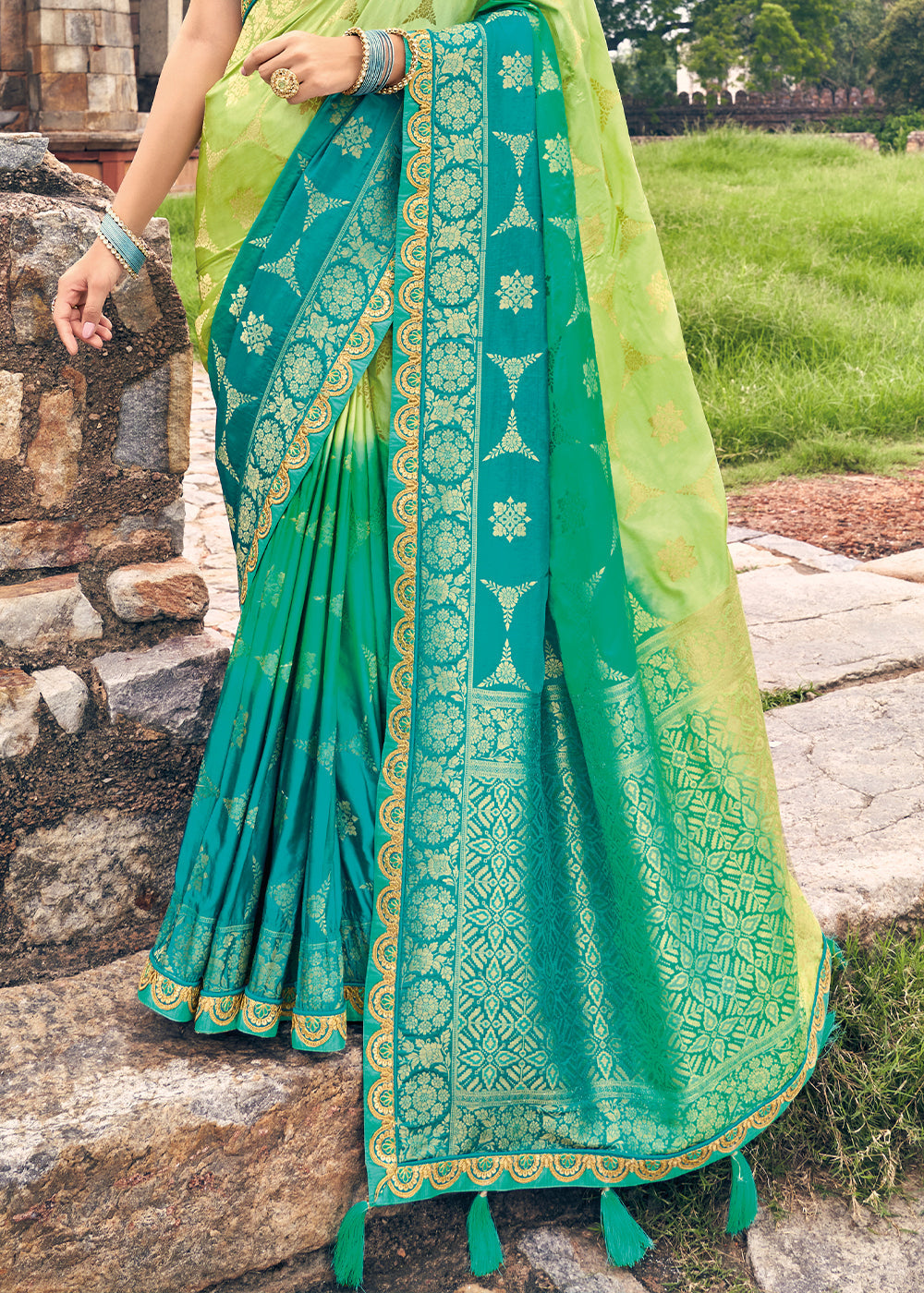 Green & Blue Zari Woven Banarasi Silk Saree with Embroidered Blouse