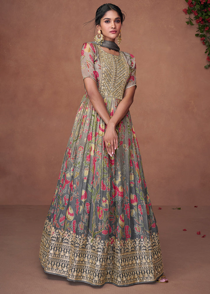 Shades Of Grey Floral Printed Organza Silk Anarkali Suit with Embroidery work