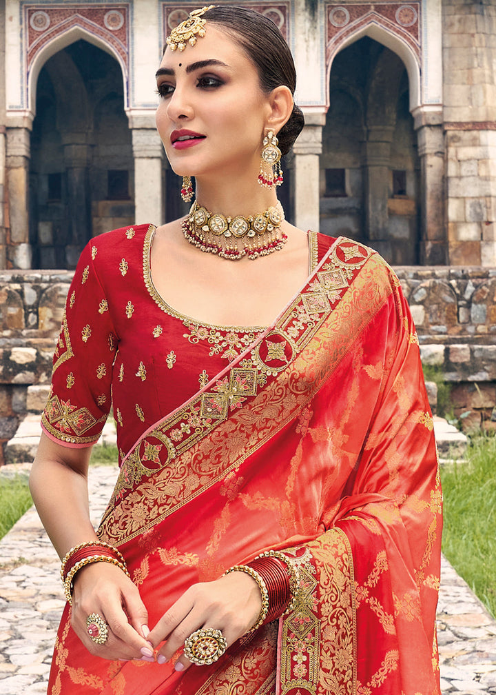 Shades Of Red Zari Woven Banarasi Silk Saree with Embroidered Blouse