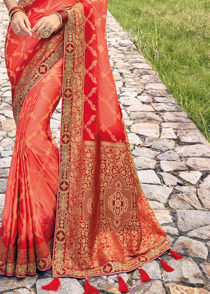 Shades Of Red Zari Woven Banarasi Silk Saree with Embroidered Blouse