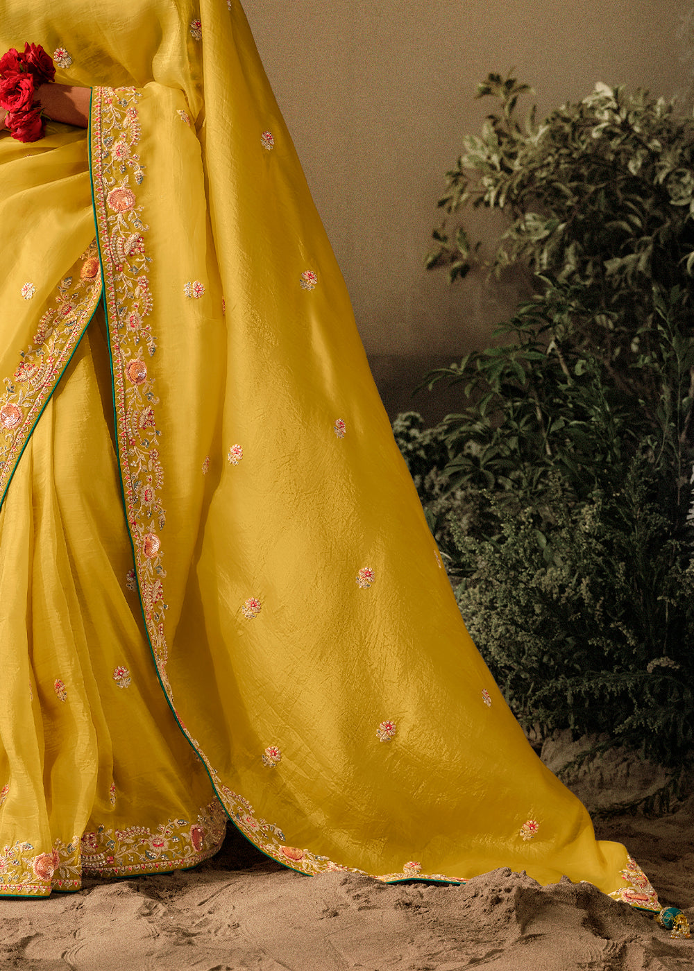 Dandelion Yellow Dola Silk Saree with Hand Embroidery work