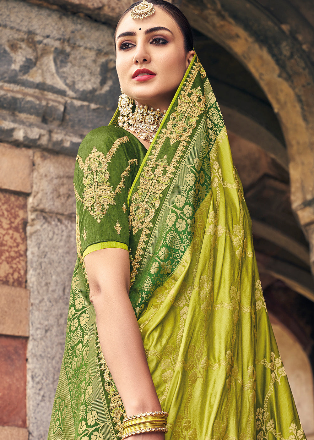 Shades Of Green Zari Woven Banarasi Silk Saree with Embroidered Blouse