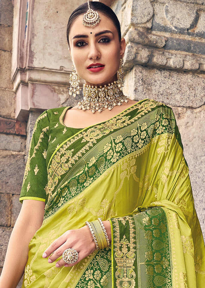 Shades Of Green Zari Woven Banarasi Silk Saree with Embroidered Blouse