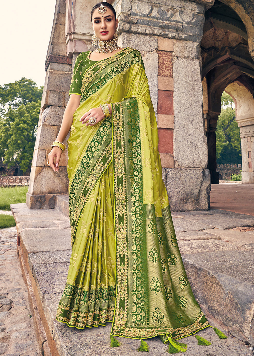 Shades Of Green Zari Woven Banarasi Silk Saree with Embroidered Blouse