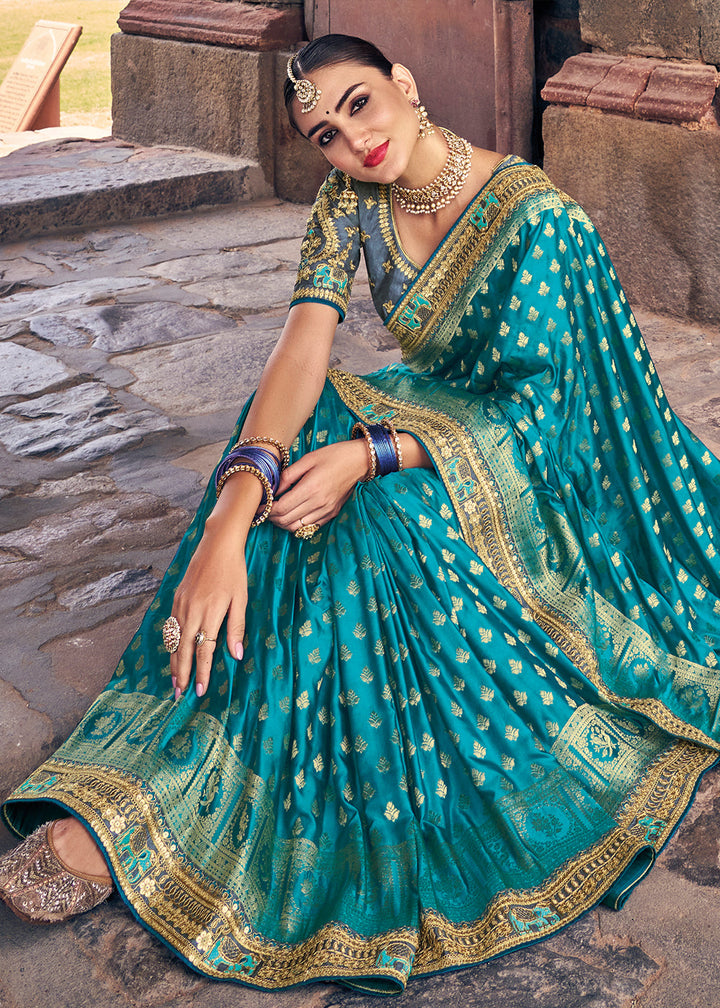 Shades Of Blue Zari Woven Banarasi Silk Saree with Embroidered Blouse