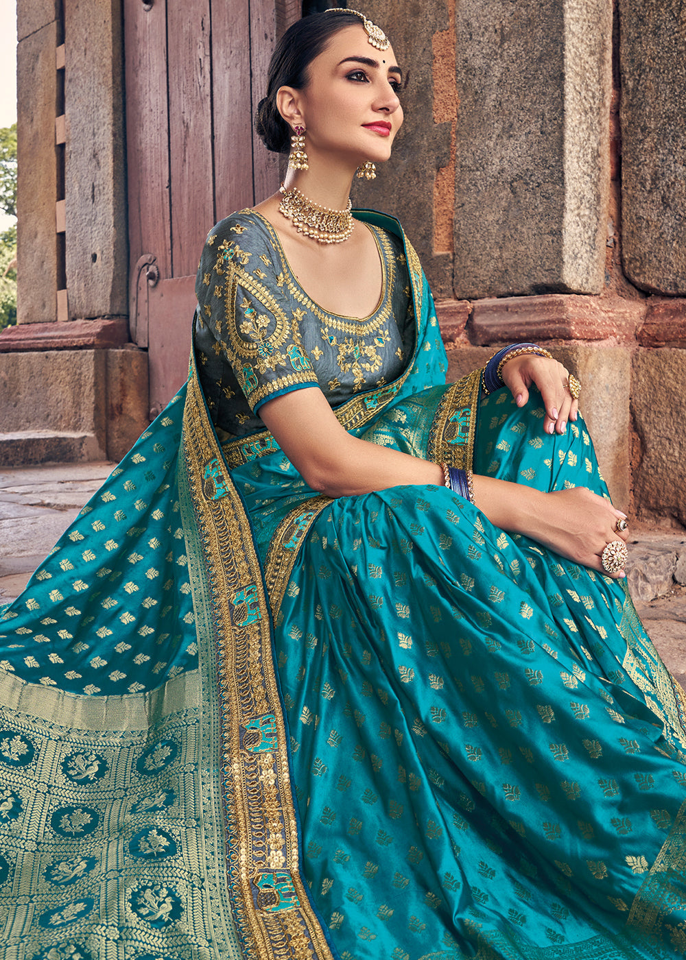 Shades Of Blue Zari Woven Banarasi Silk Saree with Embroidered Blouse