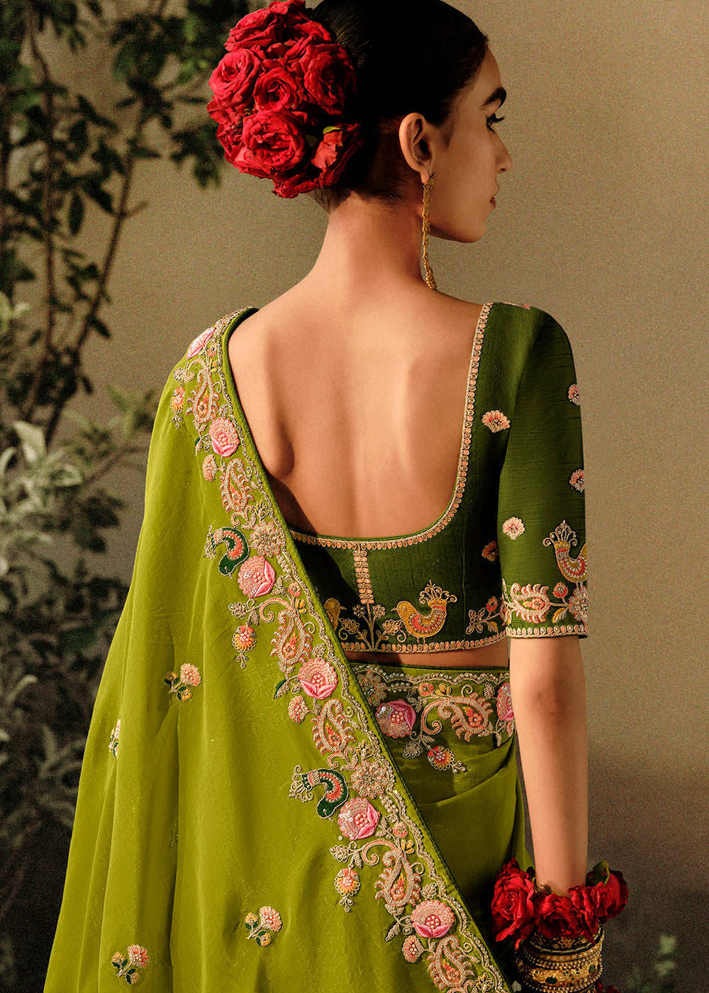 Avocado Green Dola Silk Saree with Hand Embroidery work