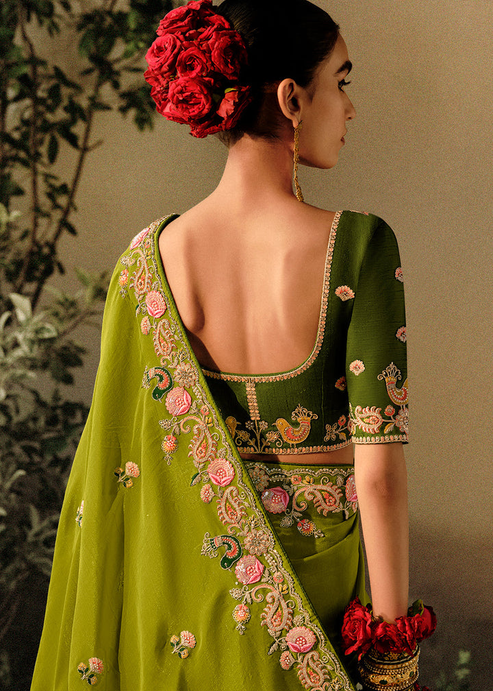 Avocado Green Dola Silk Saree with Hand Embroidery work