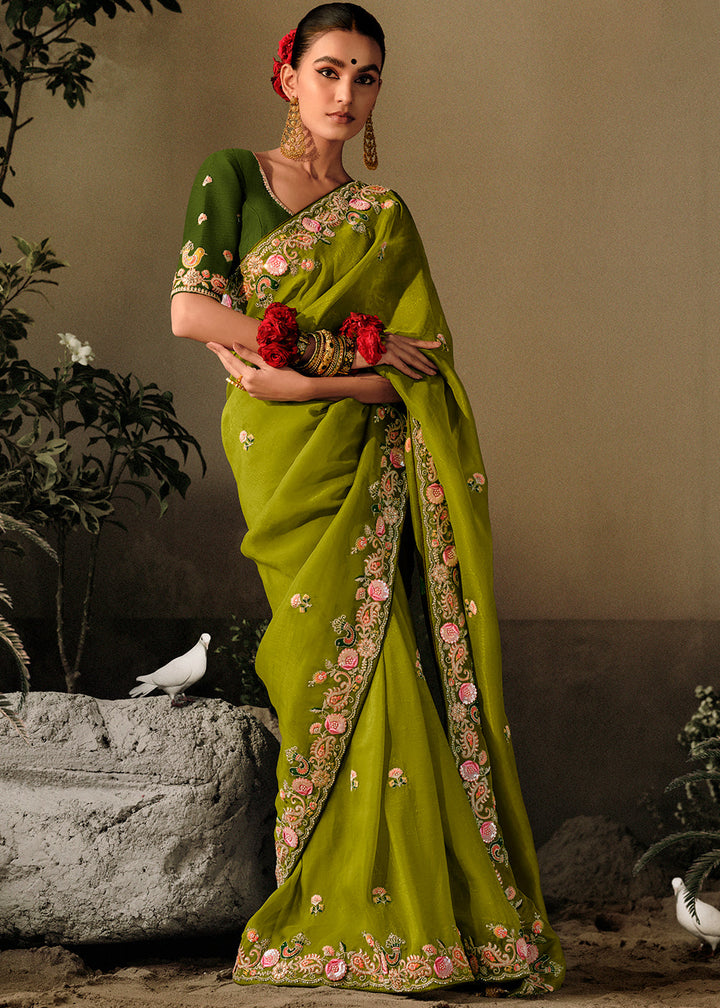 Avocado Green Dola Silk Saree with Hand Embroidery work