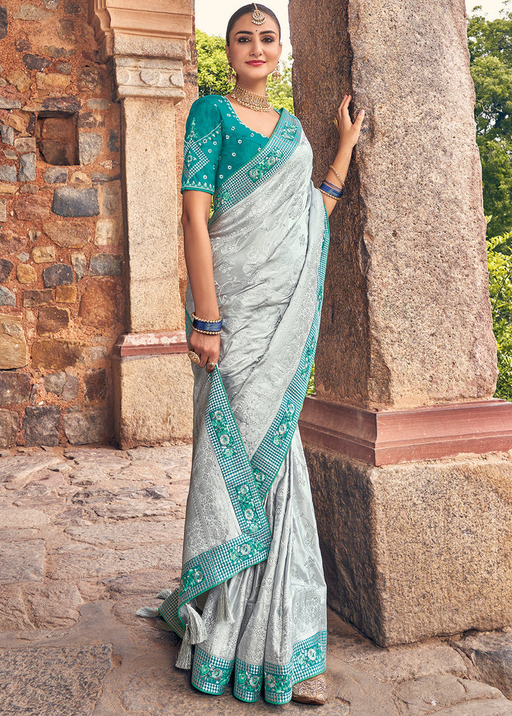 Silver Grey Zari Woven Banarasi Silk Saree with Embroidered Blouse