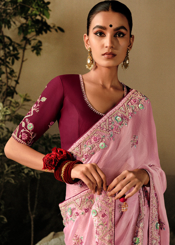 Taffy Pink Dola Silk Saree with Hand Embroidery work