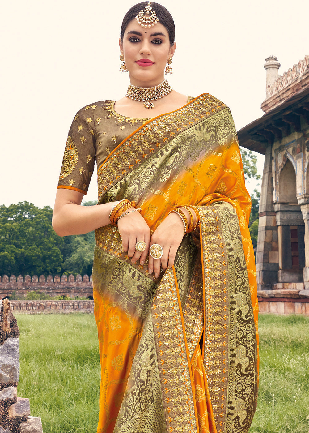 Orange & Brown Zari Woven Banarasi Silk Saree with Embroidered Blouse