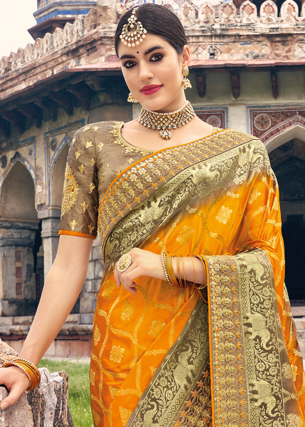 Orange & Brown Zari Woven Banarasi Silk Saree with Embroidered Blouse