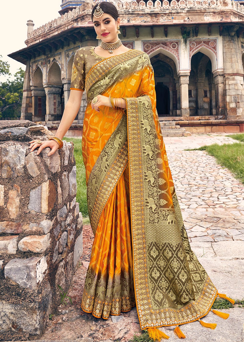 Orange & Brown Zari Woven Banarasi Silk Saree with Embroidered Blouse