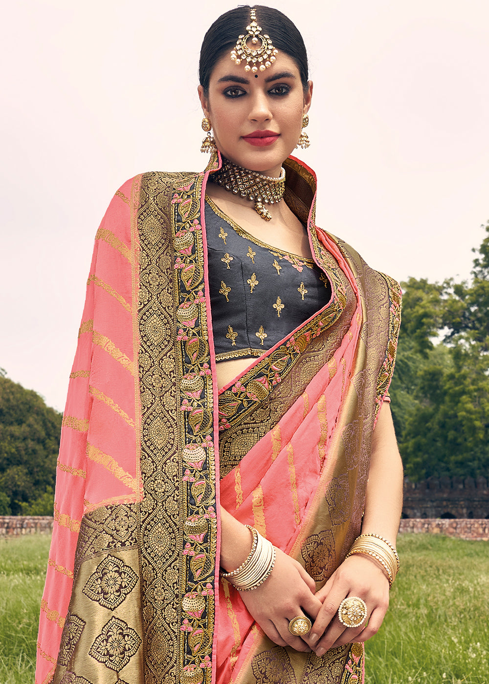 French Pink Zari Woven Banarasi Silk Saree with Embroidered Blouse