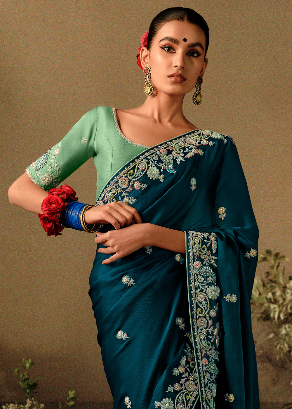 Yankees Blue Dola Silk Saree with Hand Embroidery work