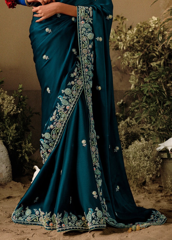 Yankees Blue Dola Silk Saree with Hand Embroidery work