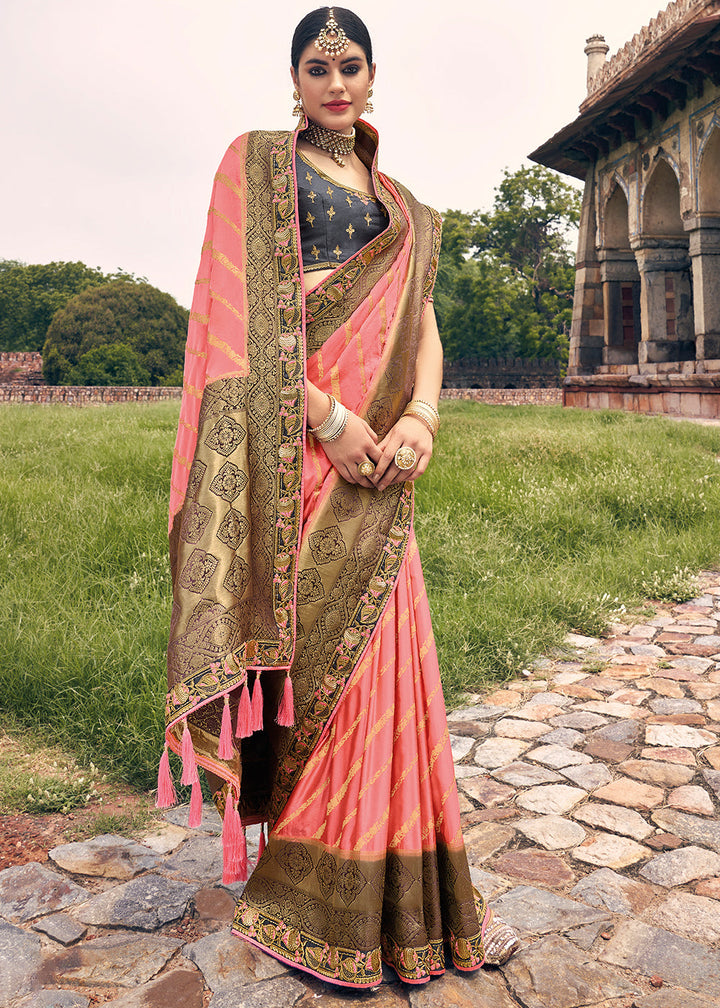 French Pink Zari Woven Banarasi Silk Saree with Embroidered Blouse