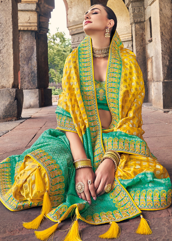 Yellow & Blue Zari Woven Banarasi Silk Saree with Embroidered Blouse