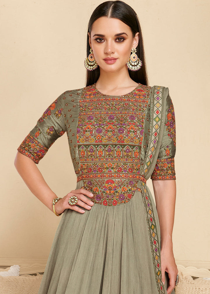 Shades Of Green Designer Georgette  Anarkali Suit with Embroidery work