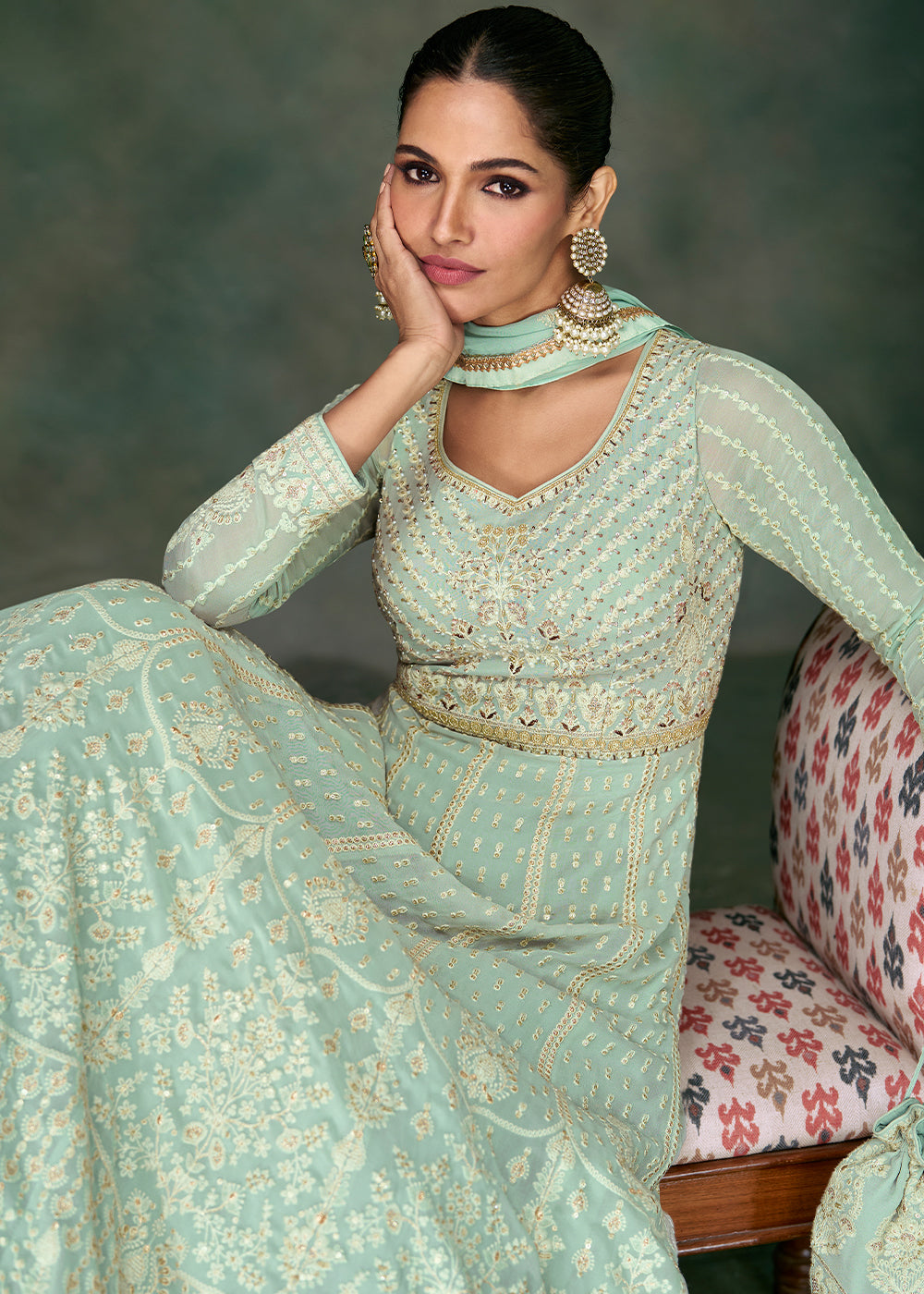 Moss Green Georgette Front Embroidered Anarkali Suit