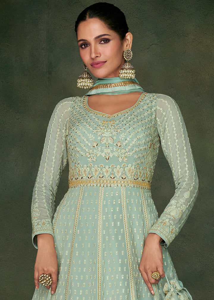 Moss Green Georgette Front Embroidered Anarkali Suit