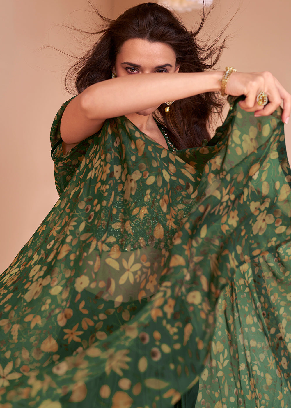 Bottle Green Satin Silk Dhoti & Mirror work Blouse with Floral Organza Silk Shrug