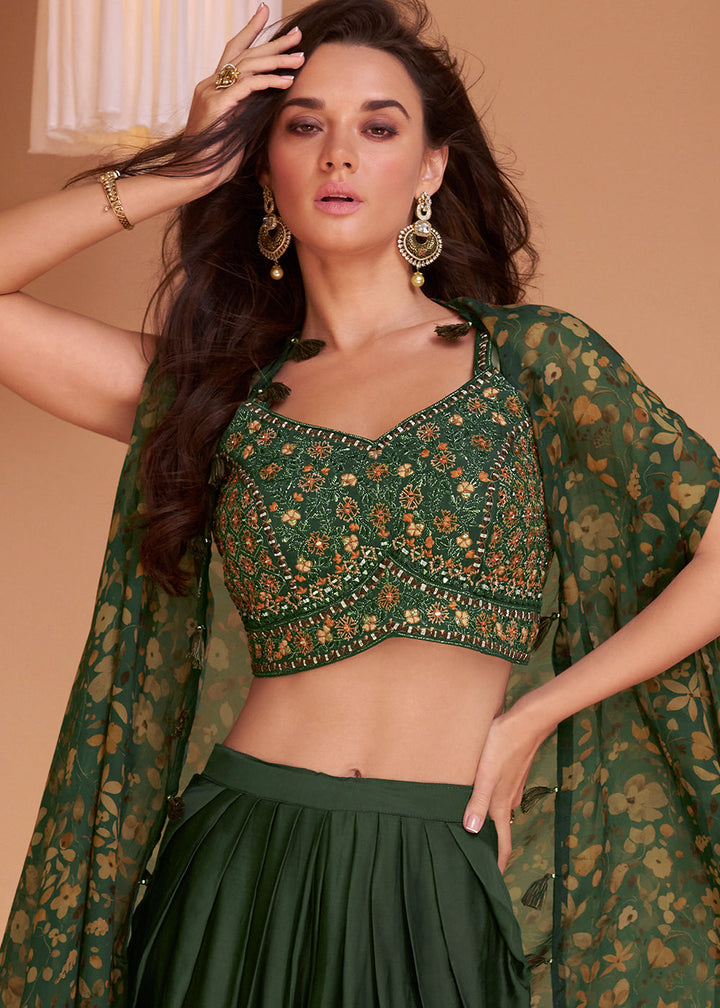 Bottle Green Satin Silk Dhoti & Mirror work Blouse with Floral Organza Silk Shrug