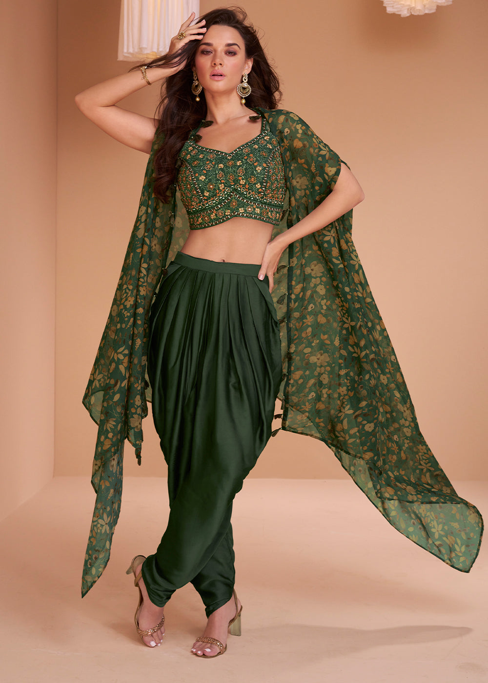 Bottle Green Satin Silk Dhoti & Mirror work Blouse with Floral Organza Silk Shrug