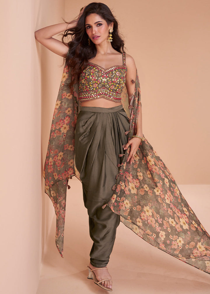 Ash Grey Satin Silk Dhoti & Mirror work Blouse with Floral Organza Silk Shrug