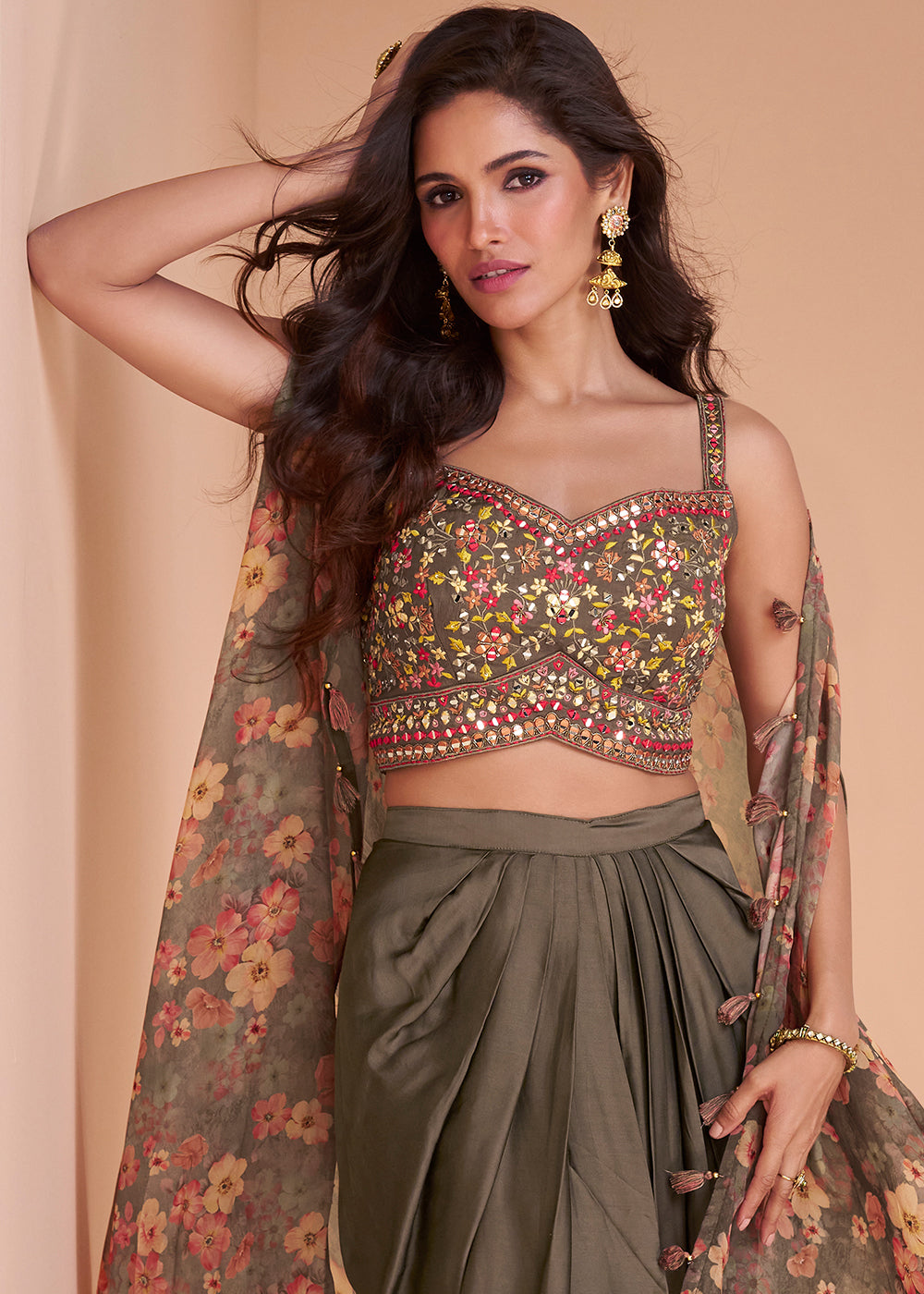 Ash Grey Satin Silk Dhoti & Mirror work Blouse with Floral Organza Silk Shrug