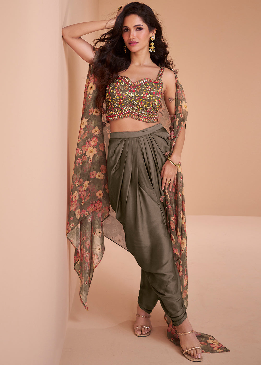 Ash Grey Satin Silk Dhoti & Mirror work Blouse with Floral Organza Silk Shrug